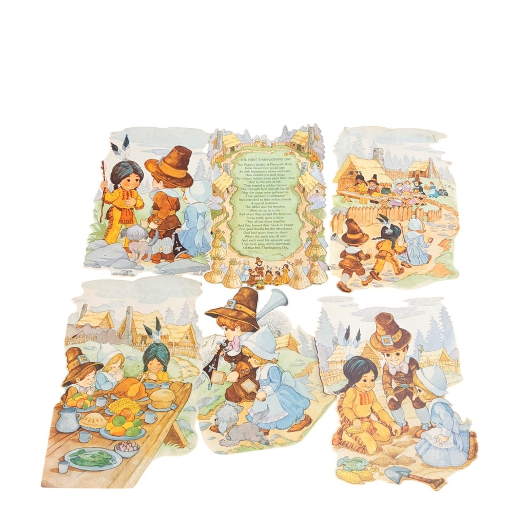 Vintage Thanksgiving Die Cut Paper Wall Decorations 6 Piece Set Pilgrim Native